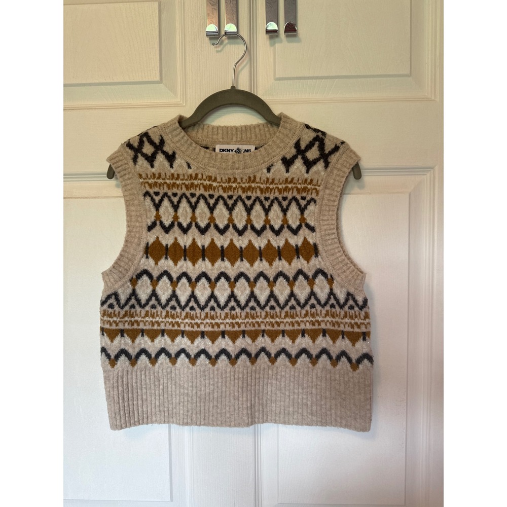 DKNY Jeans Womens Fair Isle Knit Sweater Vest Beige Grey Ochre Size Medium